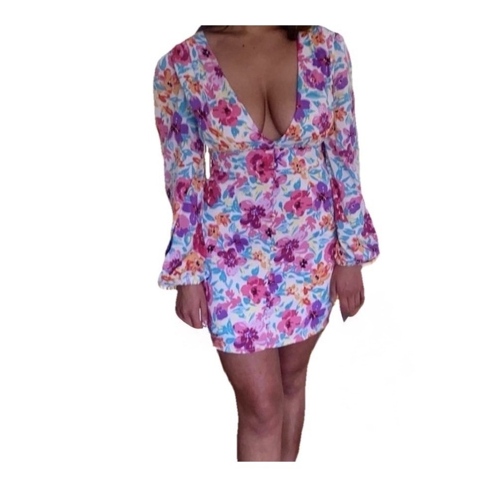 Nasty Gal V-Neck Plunge Long Sleeve Floral Mini Dress US 4 Romantic Floral Party